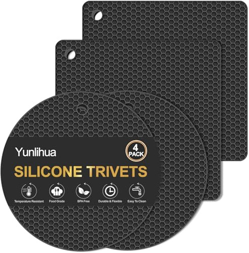 Yunlihua Silicone Trivet Mats, 4 Pack Hot Pads Pot Holders for Kitchen, Heat Resistant Non-Slip Trivets for Hot Dishes, Hot Pots and Pans, Countertop, Table, Food Grade Silicone & BPA Free, Black