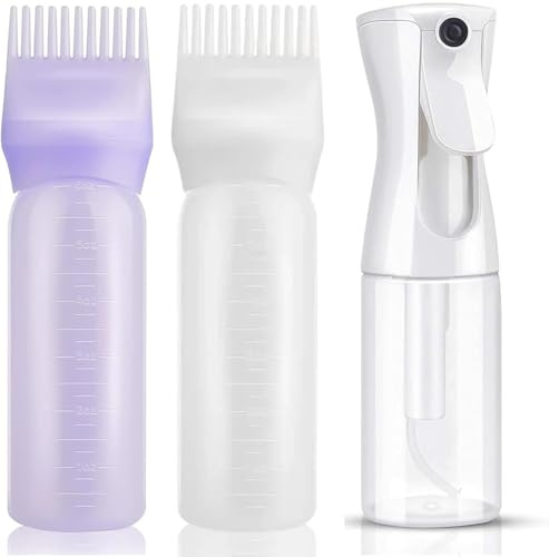 3-teiliges Haaröl Applikator Set – Hair Oil Applicator, Scalp Oil Applicator & Applikator Flasche Haare, inkl. kontinuierlicher Sprühflasche + 2 Wurzelkamm Scalp Applicator Flaschen mit Skala, 200 ml