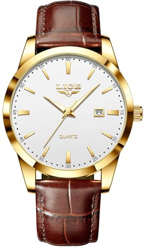 LIGE Orologio Vintage Uomo Elegante Analogico Quarzo Classico Wrist Watches For Men Impermeabile In Vera Pelle Pointer Luminoso Business Orologio Da Polso Uomo Con Data,Oro Bianco