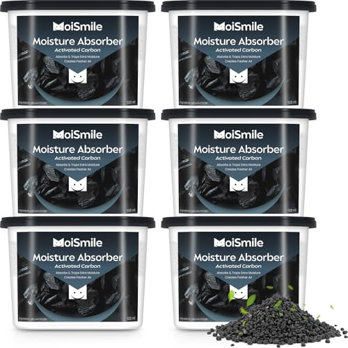 Moismile Moisture Absorbers 6 Packs, 10.8 Oz/ 300g Activated Charcoal Efficient Humidity Absorber ＆ Odor Absorber Boxes, Refillable Car Dehumidifier for Closet, Bathroom, Basement＆ RV