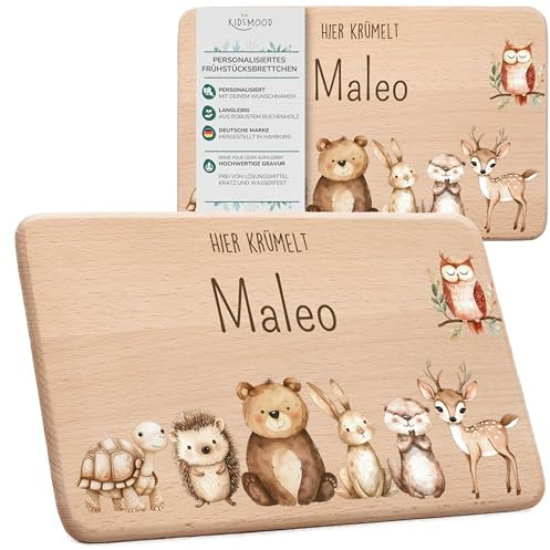 KIDSMOOD - Schneidebrett Holz – Personalisiertes Brotschneidebrett mit Gravur, Frühstücksbrett für Kinder, Taufgeschenk Mädchen & Jungen, Geschenkidee Männer & Frauen - Waldtiere mit Eule