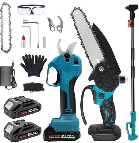 BIAOQINBO Hochentaster Akku Set - Elektrischer Astschere Teleskop und 6 Zoll Mini Kettensäge mit Akku 2 2000mAh, Verstellbare Teleskopstange (1,1m-1,7m) für Baumschnitt, Gartenarbeit
