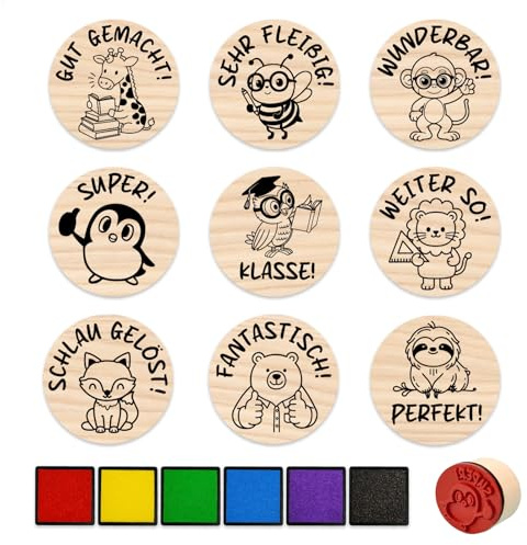 9 Stück Holz Stempel Lehrer, Tiere Motivstempel Set, für Lehrer Motivationsstempel Schule Schulkind Belohnung, Lehrer Geschenk Lehrerstempel