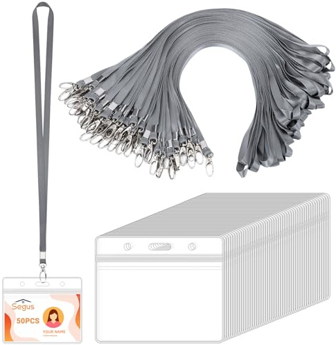 Segus Tarjetero Colgante, 50 Piezas Lanyard con Portatarjetas Identificación, Funda Tarjeta, Impermeable e Transparente, para Oficina, Escuela, Festival, Evento (Gris Oscuro, Horizontal)