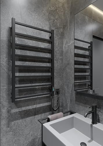 ELNA® Scaldasalviette Elettrico Nero Opaco, 87x53 cm, 184W - Termosifone Bagno Moderno in Acciaio Inox 304 con Termostato, Timer & Eco, IP44 - Radiatore da Parete
