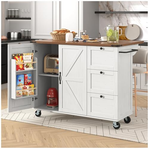 Wyibwy Isola da cucina,140x73x92,5cm,carrello da cucina con 2 ante e 3 cassetti,piani di lavoro estraibili, armadietti,mobile da pranzo autonomo,carrello da pranzo estraibile bianco