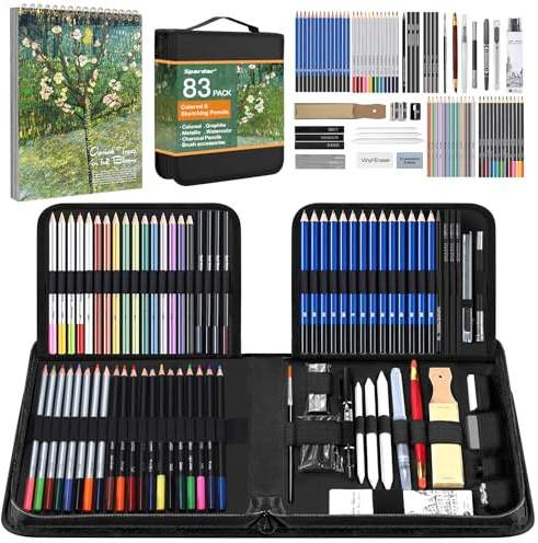 83 Teiliges Zeichenstifte, Inklusive Aufbewahrungstasche und A4 Skizzenbuch | Zeichenset mit Kohlestiften, Grafit, Bunt, Aquarell, Metallstifte, Geeignet für Anfänger & Profis
