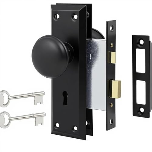 Ruigrit Vintage Mortise Lock Set for Interior Doors – Antique Door Knobs with Heavy Duty Rustproof Zinc Alloy & Skeleton Key, Fits 1-3/8 to 1-3/4 Entryway Replacement, Matte Black