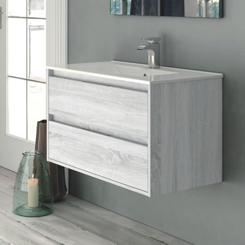 Mobile da bagno sospeso 60 cm con 2 cassetti e lavabo colore rovere grigio ghiaccio - Foltin