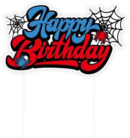 Décoration Gâteau d'Anniversaire Araignée, Toile d'Araignée Dessin Animé Happy Birthday Décorations Gâteau pour Garçons Enfants Bleu et Rouge Articles Fête Thème l'Araignée
