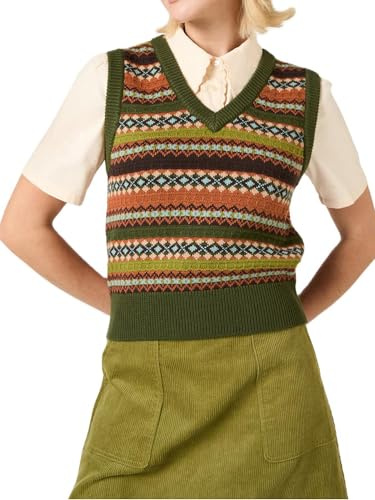 SANSIWU Women Vintage Embroidery Sleeveless Sweater Vest Cropped V Neck Stripes Geometric Patterns Knitted Tops Spring Fall Knitwear (A-Khaki, L)