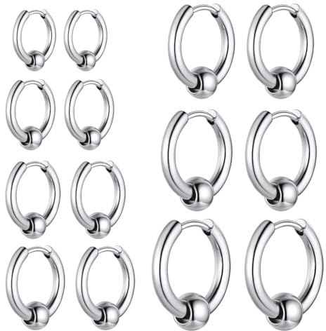 JYNXOR 7 Pares Pendientes de Plata para Hombre y Mujer, Pendientes de Aro de Plata Pequeños, Pendientes de Aro de Acero Inoxidable, Hipoalergénicos y Ligeros