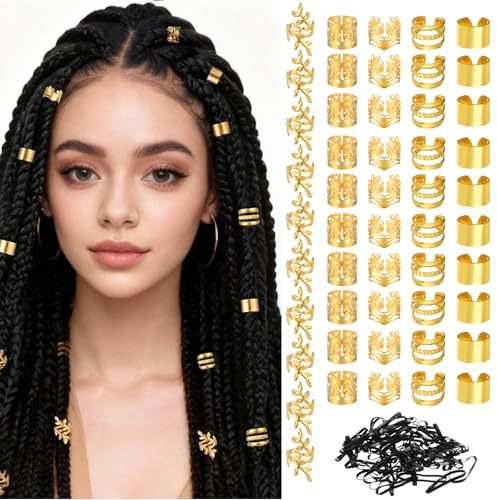 Ouligay 50 Stück Gold Haarschmuck für Zöpfe Dreadlocks Schmuck Gold Haarringe für Zöpfe Goldener Haar Schmuck Verstellbar Metall Cuffs+100pc Mini Gummiband, Hair Jewelry for Braids Männer Frauen