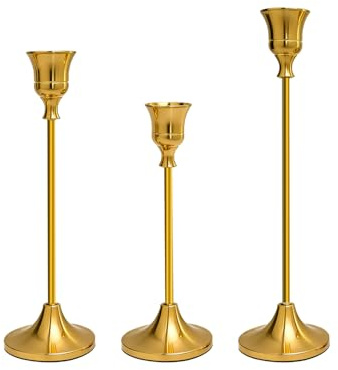 Omeyo Set of 3 Gold Candle Holders,Taper Candle Metal Candle Stand Holder - Elegant Candlestick Holders for Home Party Living Room, Dinners Decoration