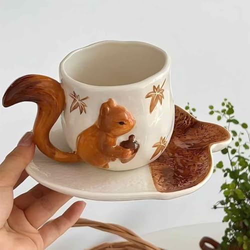 ZHMUZ Woodland Collection Ceramic Tea Set with 3D Squirrel Design, White and Brown Coffee Mug with Matching Plate, Decorative Maple Leaf Pattern Mug Sets