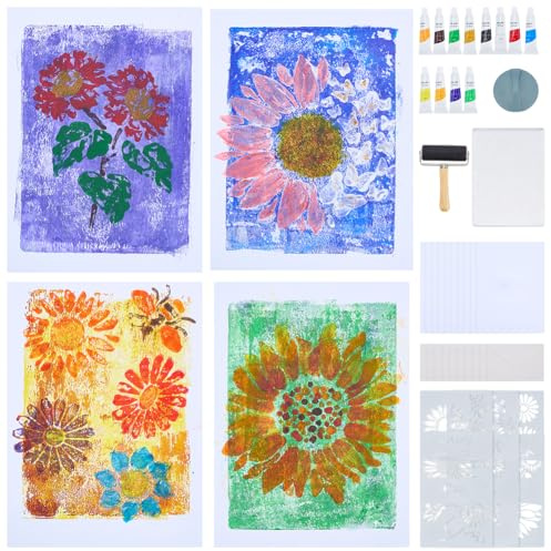 WEBEEDY Set di 10 piastre per stampa in gel per principianti, kit completo per la stampa fai da te con piastra in gel da 12,7 x 17,8 cm, stencil girasole, brayer, carta A5, vernici e istruzioni per