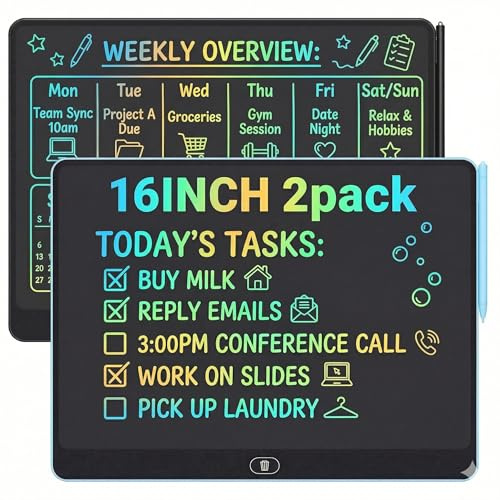 16 Inch LCD Writing Tablet 2 Pack, Large Electronic Notepad for Adults, Reusable Digital Memo Board for Office Desk and Meetings, Erasable Paper Tablet, Battery Operated（Blue & Black