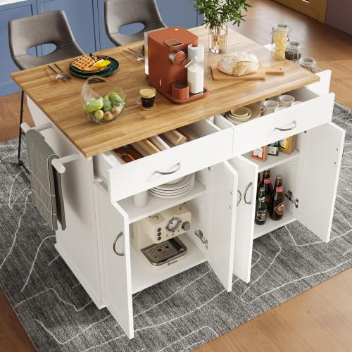 kozamas Isola da cucina, carrello da cucina con piano di lavoro pieghevole e ruote, armadietto a buffet, bianco, 106 x 50 (78 x 90,5 cm, tavolo da pranzo multifunzione con vano portaoggetti