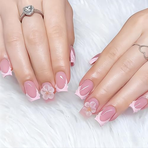 Zosutetoxo Falsenails, Press On Nails Kurz Square Mit 3D Blumen Design, Nägel Zum Aufkleben Als Fake Nails Für Damen