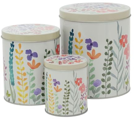 Carousel Home Set of 3 Floral Storage Tins | Decorative Nesting Canisters for Kitchen Storage | 3-piece Meadow Flowers Round Storage Tins