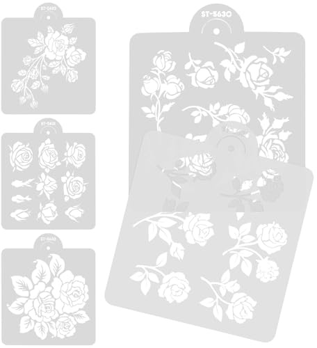 DECORNIJIA Pochoirs Réutilisables Roses 5 Feuilles, Modèles de Dessin Ajourés pour Peinture sur Bois, Papier et Murs, Fournitures pour Loisirs Créatifs et Fabrication de Cartes, Usage Garçon