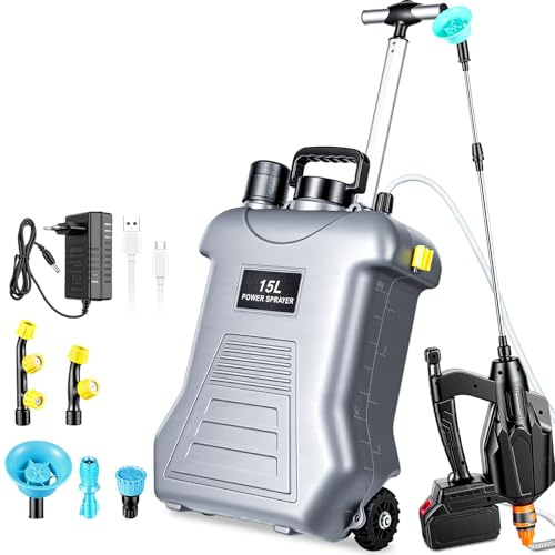 Dibaful Pulverizador eléctrico inalámbrico de 15L con batería de 21V y 3000 mAh Ajuste de presión de 3 etapas | Compatible con baterías de 18V con 5 boquillas para jardín herbicida y Agua