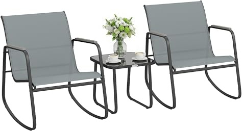 Outsunny Conjunto de Mesa y Sillas de Terraza Exterior de 3 Piezas, Muebles de Jardín Exterior con 2 Sillas Mecedoras, Mesa con Encimera de Vidrio y Estructura de Acero, para Patio, Balcón, Gris