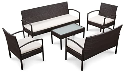 PUGYNBK 5-TLG. Poly Rattan Sofa-Set braun mit 1 Dreisitzer, 1 Zweisitzer, 2 Einzelsofas, Couchtisch und 4 Sitzkissen für Garten Terrasse