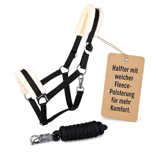ARBO-INOX Halfter-Set mit Führstrick und Panikhaken– Komfortables Führen und Anbinden – SCHWARZ – Größe Mini Shetty – verstellbar – Fleece-gepolstert
