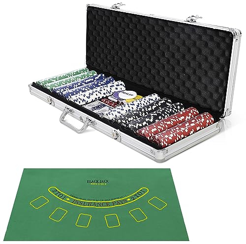 COSTWAY Pokerset mit 500 Laser-Chips | Pokerkoffer Alu | Pokerchips | Poker Komplett Set | Pokerkoffer mit Tuch /2 Pokerdecks