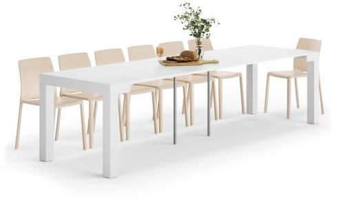 Mobili Fiver, Tavolo Consolle Allungabile First, 45(305) x90 cm, Bianco Frassino, fino a 14 posti, Consolle da Cucina e soggiorno, Made in Italy
