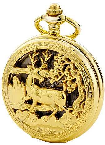 Treeweto Vintage Taschenuhr, mechanisch, doppelter Abdeckung, hohles Gehäuse, Skelett, Steampunk, Hirsch, für Herren und Damen