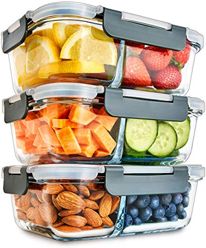 Igluu Meal Prep Glas-Frischhaltedosen mit BPA-freiem Deckel (3er-Pack) – mikrowellen-, ofen-, gefrier-, spülmaschinengeeignet, auslaufsicher – 980 ml – mit 2 Fächern - robustes Borosilikatglas