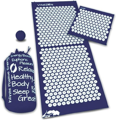 Vitalizen Extra Long Acupressure Mat and Pillow Set for Back Pain Relief and Muscle Relaxation with Massage Ball (Navy Blue)
