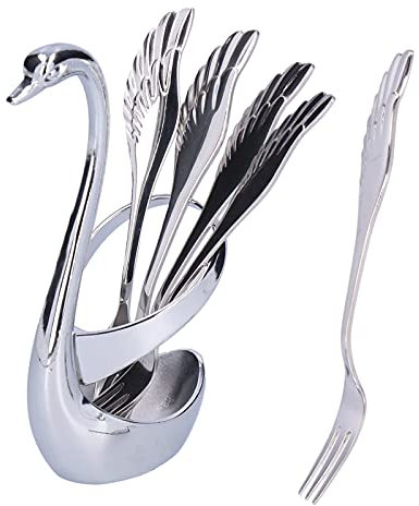 Obstgabeln-Set aus Edelstahl, Schwanenboden, Besteck-Set mit Aufbewahrungsregal mit 5 Gabeln oder 5 Löffeln für Kuchen, Salat, Cocktail, Dessert, (5 Gabeln)