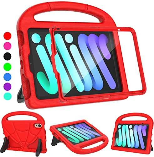 2024 Newest iPad Mini 7(A17 Pro)& iPad Mini 6 (A15) 2021Tablet Case for Kids (7th/6th Generation),Lightweight Shockproof Kid-Proof Cover Built-in Screen Protector with Handle Stand Tablet Case - Red
