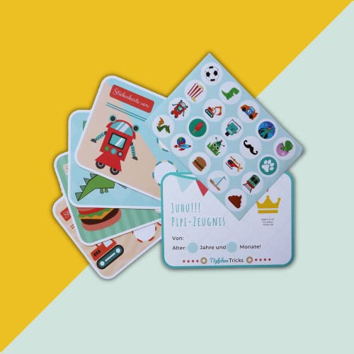 Belohnungssystem Jungen - Töpfchentraining Kind (10 Stickerkarten Doppelseitig, 120 Sticker und PIPI-Zeugnis) - Belohnungstafel für das Sauberkeitstraining - Belohnungstafel Trocken Werden