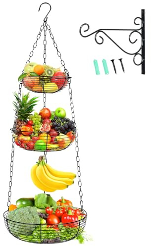 HULISEN 3 Tier Hanging Fruit Basket with Banana Hook, 36-Inch Heavy-Duty Wire Hanging Baskets for Kitchen Storage, Vegetable Produce Organizer (Including Installation Bracket)