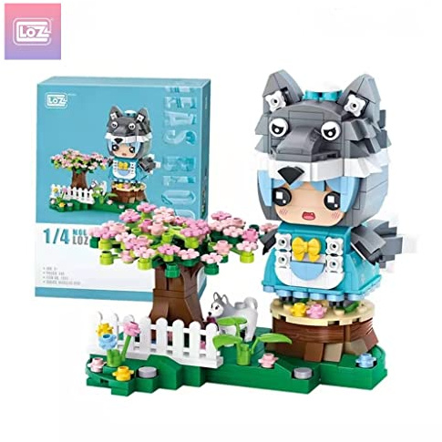 LOZ Wolfsmädchen Klemmbausteine Set, 448 Teile, farbenfrohes Manga Diorama mit Blumen und Mini-Wolf, DIY Gartenfigur im Tierkostüm, 12 x 11,5 x 11,5 cm, kreatives Bauprojekt, kompatibel, sammelbar