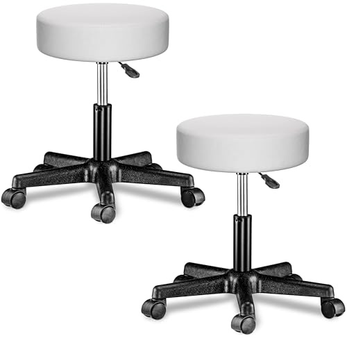 Casaria® Rollhocker Höhenverstellbar 2er Set 10cm Polsterung 46-60cm Höhe 360° Drehbar Ø35cm Rund Rollen Bürohocker Drehhocker Arbeitshocker Stuhl Weiß