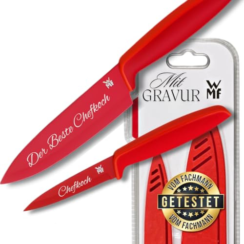 bayesen 2-teiliges Messerset von WMF mit Wunschgravur - Küchenmesser mit Schutzhülle & Wunschgravur - Edelstahl, Ergonomisch, Spülmaschinenfest - Personalisierte Geschenkidee - Rot
