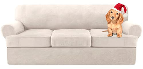 Sofa Cover,T Cushion Sofa Cover Velvet Non-Slip T Cushion 1/2/3 Seater Couch Cover with Individual T Cushion Seat Cover with Elastic Bands Furniture Slipcovers Protector (White,3 Seater-4Pieces)