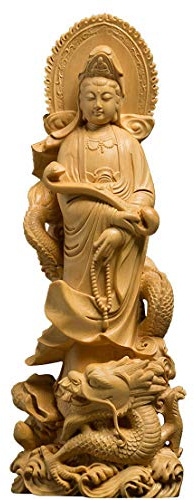 Desconocido Madera de boj Natural Tallada a Mano Mercy Kwan-Yin Diosa Estatua (Dragón)