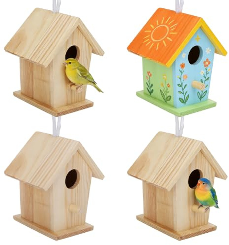 Casas de Pájaros de Madera, 4 Piezas Mini Nidos de Pájaros Colgantes Adornos Juego de Manualidades de Pintura de Bricolaje para Niños, Casa de Pájaros de Madera Sin Terminar para Jardín Al Aire Libre