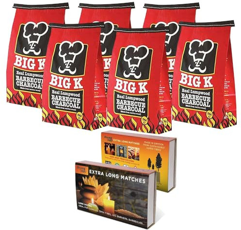 Big K 6 x 3KG Lumpwood Barbecue Charcoal Instant Light Charcoal Grill Bags BBQ Coal with 1PK Bryant May Extra Long Matches Match Box for Outdoor Barbecues, Fire Pit, Camping or Picnics