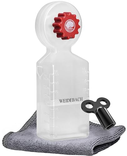 WEIDEBACH® Chiave di sfiato riscaldamento con serbatoio 140 ml, incluso panno in microfibra e mini chiave per spazi stretti, adatto a tutti i riscaldamenti, design lungo