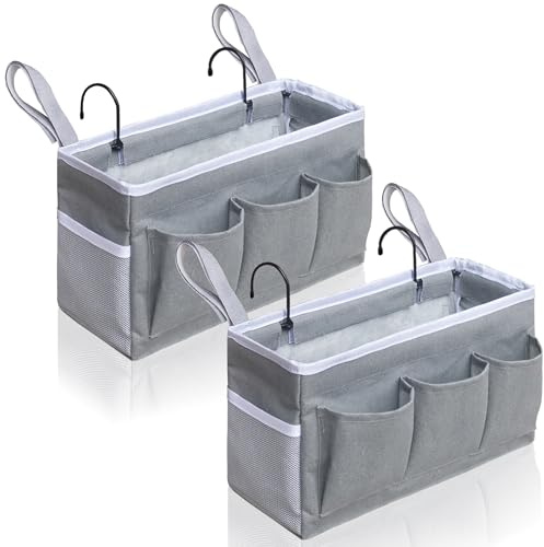 Kanrichu Bedside Caddy Hanging Storage Bag, Organizer Baskets with Pockets for Bunk Bed Accessories, Loft & Dorm Rooms Chair Bed Rails (Gray)
