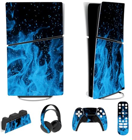 playvital Autocollant Protection pour ps5 Slim Console,Bleue Flamme | Sticker Skin pour ps5 Manette & Télécommande & Casque & Station de Charge,Digital Edition