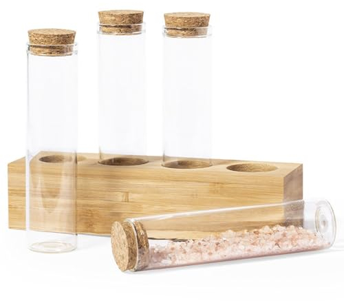 NoTrash2003 Lot de 4 bocaux à épices style tube à essai pour votre cuisine, assaisonnement ou botanique, avec couvercle en liège dans un support en bois