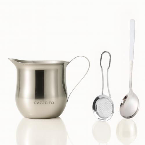 CAFECITO® Espumita Ritual & Finishing Set – Cuban Coffee Preparation Tools with 6 oz Stainless Steel Crema Pitcher, Espresso Whisking Spoon & Cocoa Sifter Spoon – Authentic Cafecito